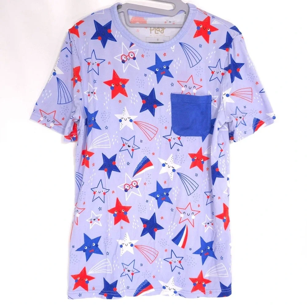 PLAY BY THE LITTLE SLEEPIES Star Print Pocket Tee‎ Boys 8 Blue Red Short Sleeve